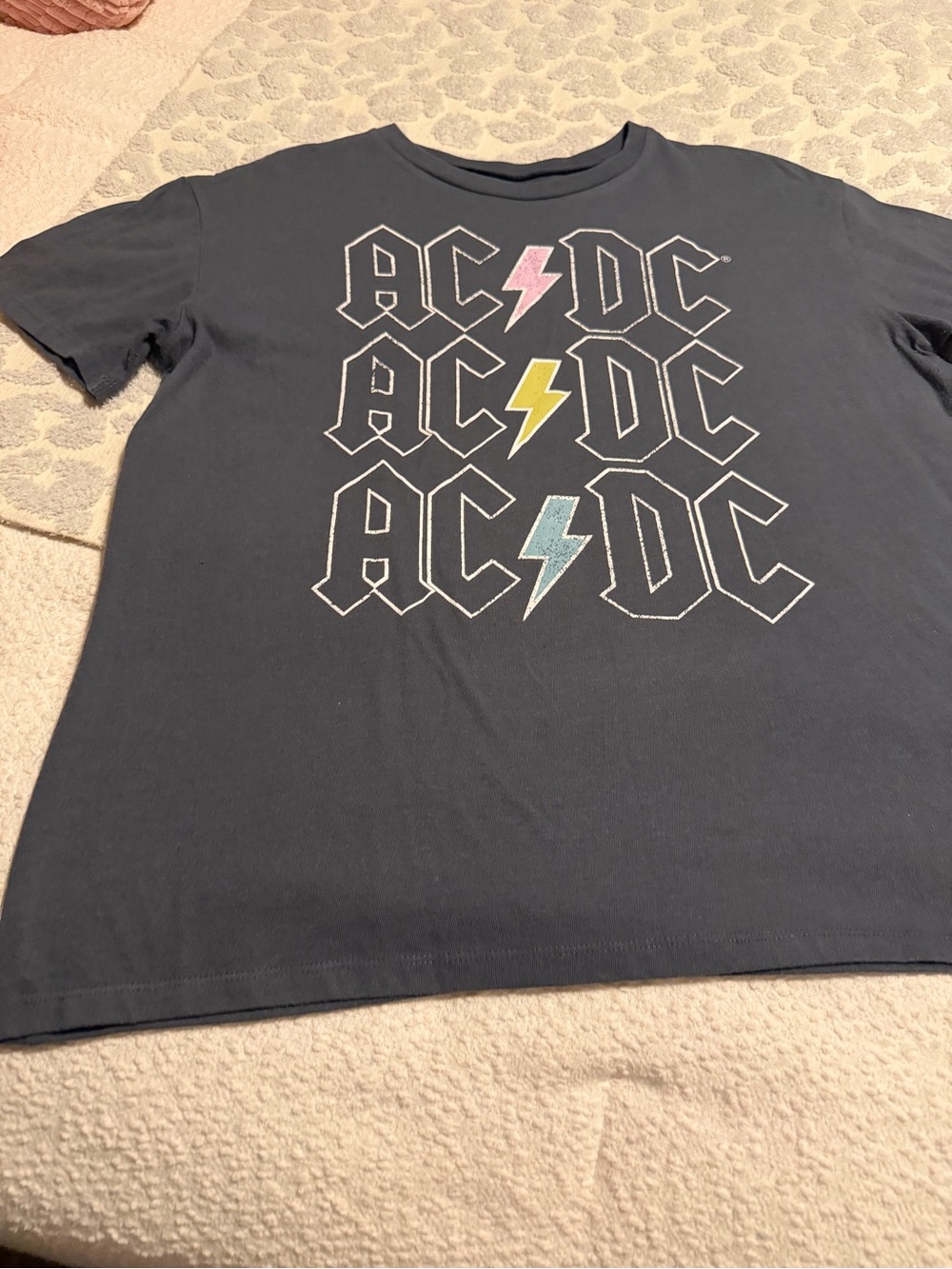 AC/DC Short Sleeve Graphic Tee in Gray with Pink Yellow Blue Bolts